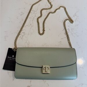 kate spade Sage Green Pebbled Leather Crossbody Wallet with Gold Chain